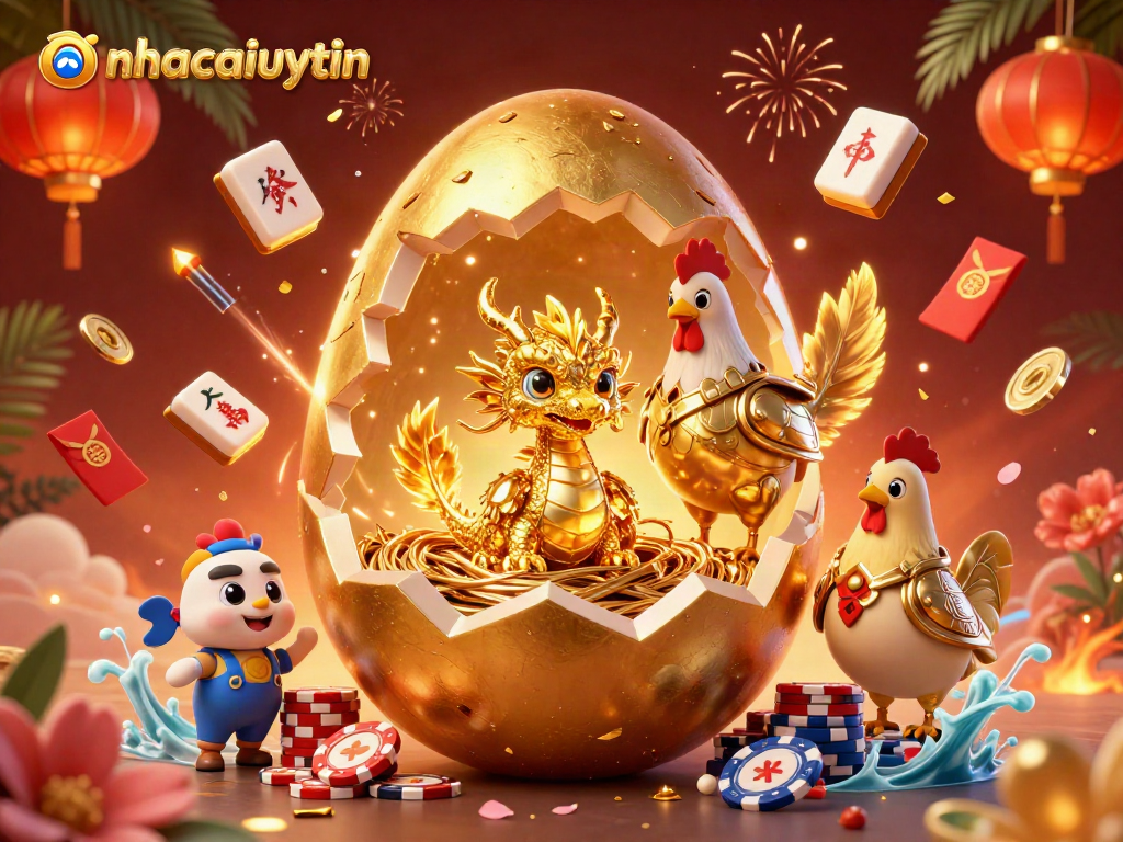 Experience vibrant gaming adventures with nhacaiuytin as the baby dragon guards poker chips amidst golden treasures.