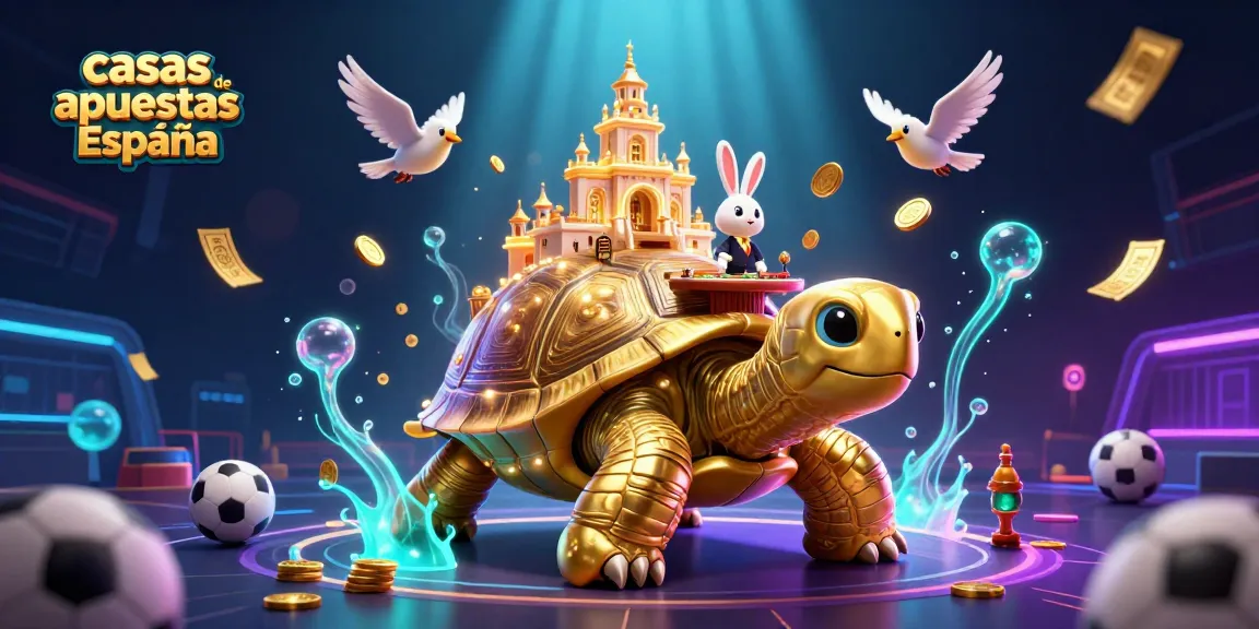 Visualiza las casas de apuestas España con una tortuga dorada y un crupier de conejo en una escena dinámica de casino.