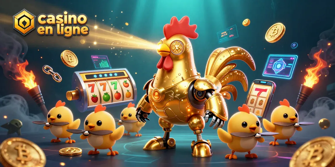 Engagez-vous dans l'univers du casino en ligne avec un robot coq doré et des drones suivis d'éléments de jeu.