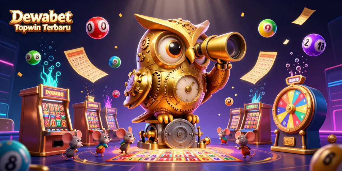 Dewabet Topwin Terbaru showcases a vibrant 3D casino scene with a golden owl and lottery elements engaging players.