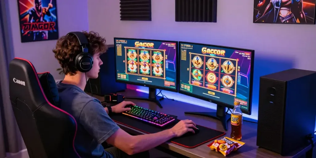 Engaging gaming setup featuring slot gacor gameplay on dual monitors with vibrant graphics.
