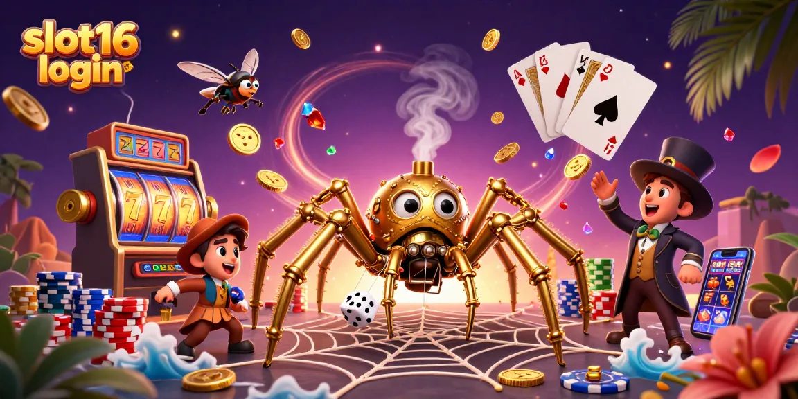 Experience slot16 login with a dynamic gaming scene of a golden spider and Victorian fly amongst lively slot elements.