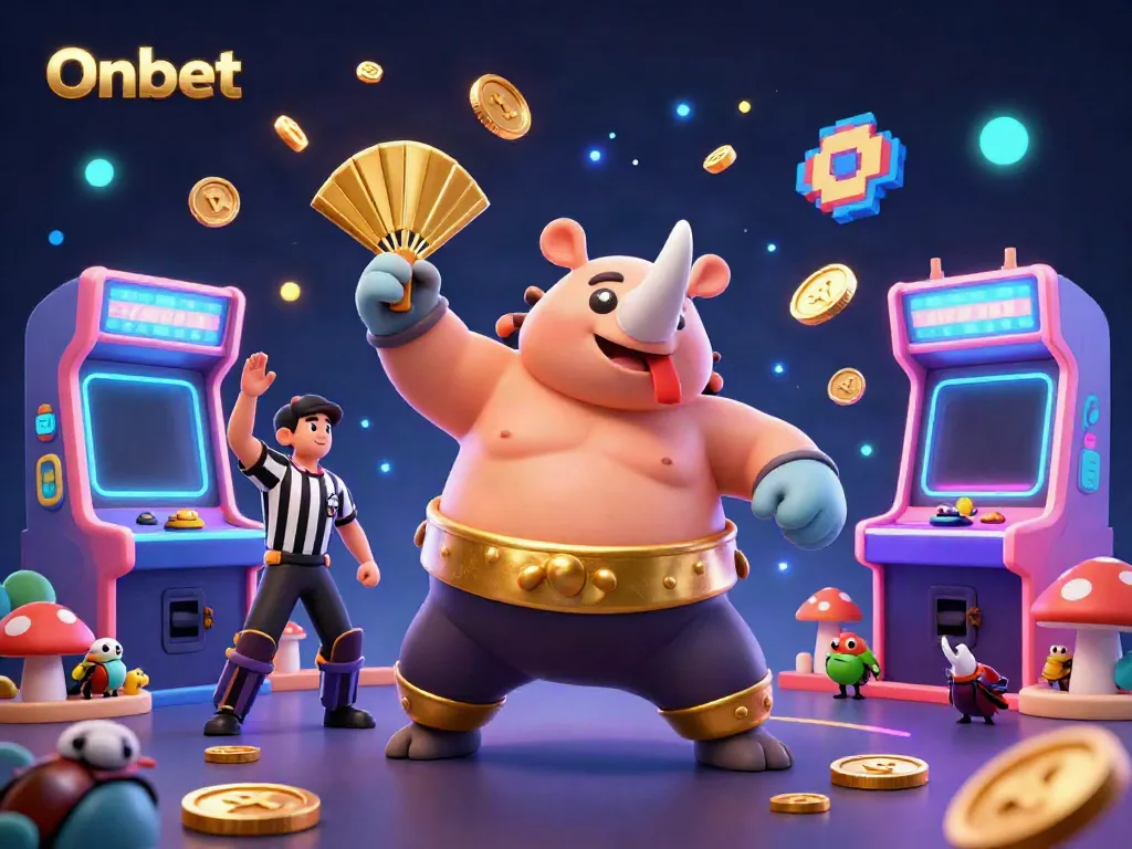 Experience thrilling action on Onbet with a dynamic scene featuring a sumo beetle champion, golden coins, and vibrant gaming elements.