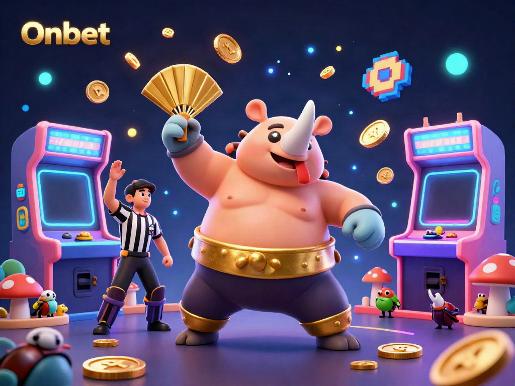 Experience thrilling action on Onbet with a dynamic scene featuring a sumo beetle champion, golden coins, and vibrant gaming elements.