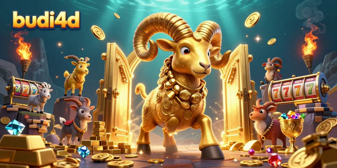 Experience epic wins with BUDI4D's golden ram charging through a treasure vault in this vibrant 3D casino illustration.