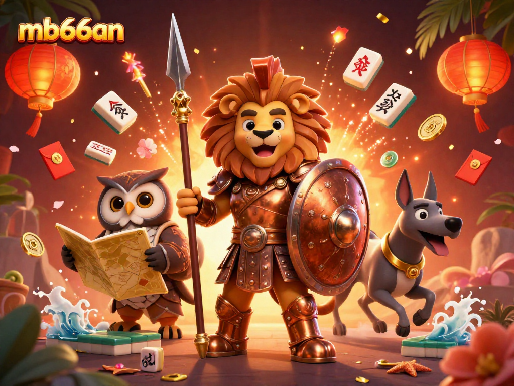 Engage with mb66an in this vibrant casino adventure featuring a Spartan lion and allied characters.