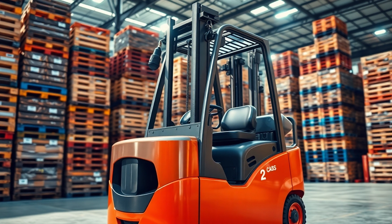 Forklift lifting pallets in a bright industrial setting highlighting efficiency.