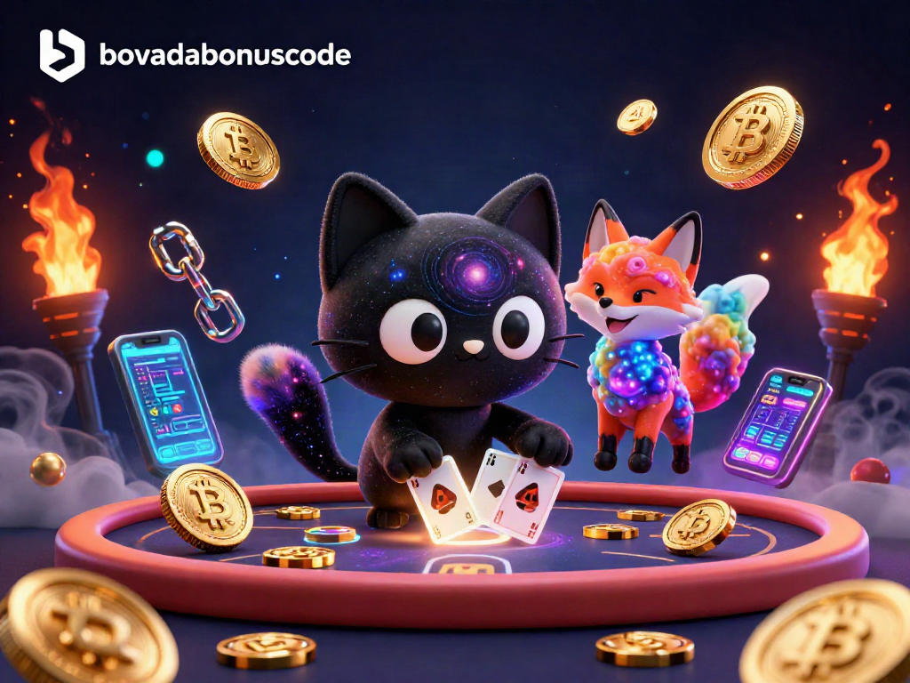 Engaging 3D illustration of a cosmic casino scene showcasing the bovadabonuscode with animated gold chips and crypto elements.