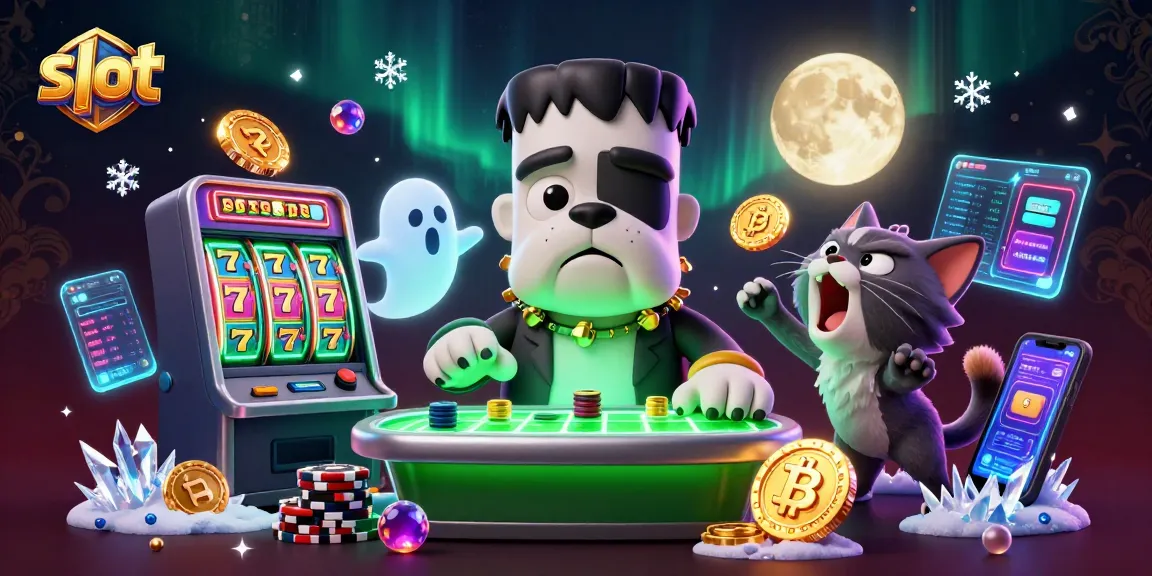 Engage with thrilling slot gameplay featuring vibrant characters, including the 3D Frankenstein bulldog monster.