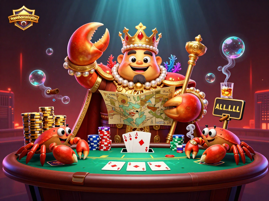 topnhacaiuytinn engaging in high-stakes poker with a golden crab emperor surrounded by vibrant casino elements