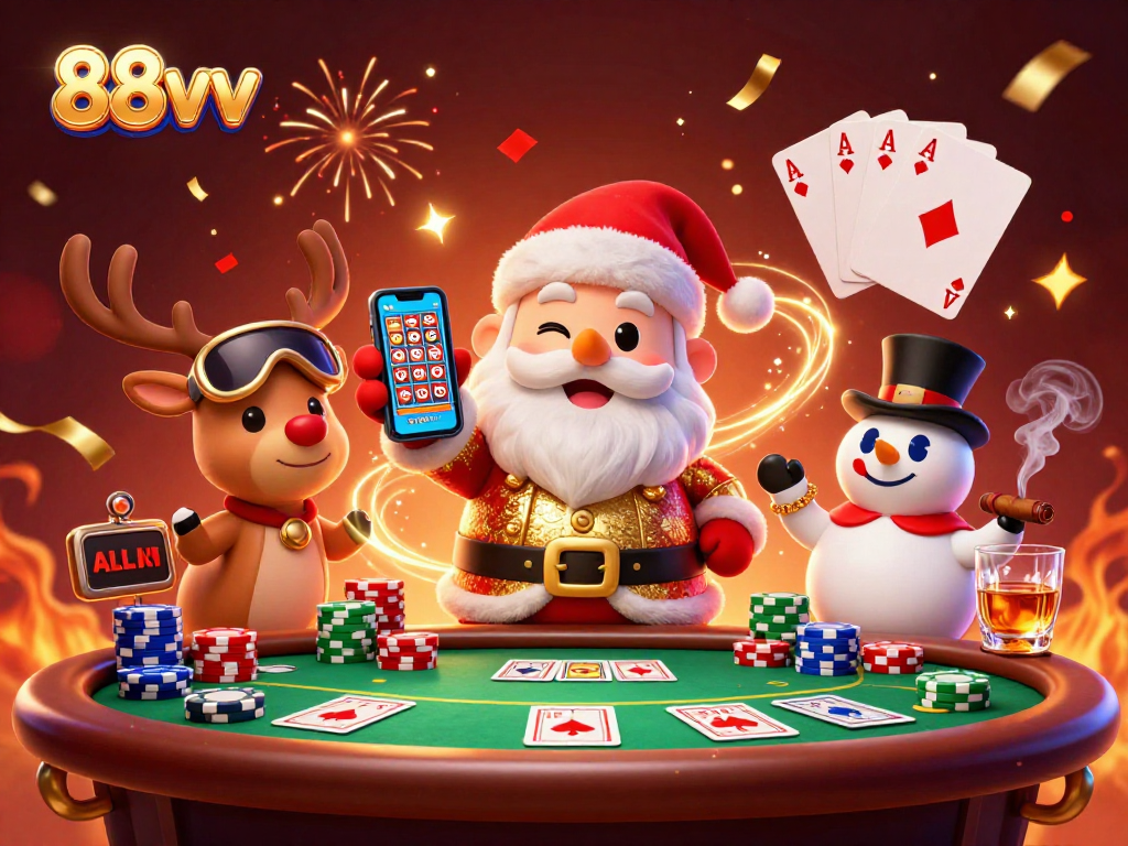 Experience the thrill of 88vv jackpot slots with Santa and friends in a festive casino scene.