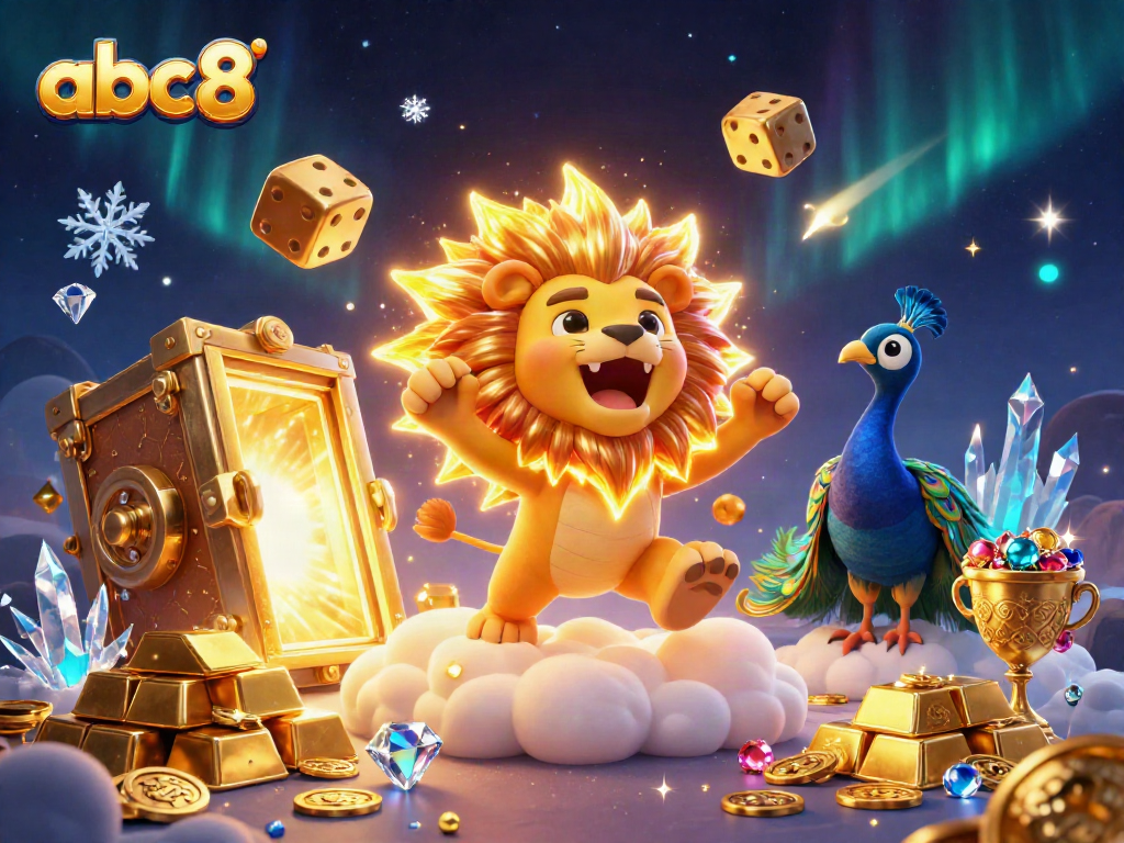 Experience thrilling casino action at abc8 with a vibrant, dynamic digital illustration of a roaring lion and golden dice.