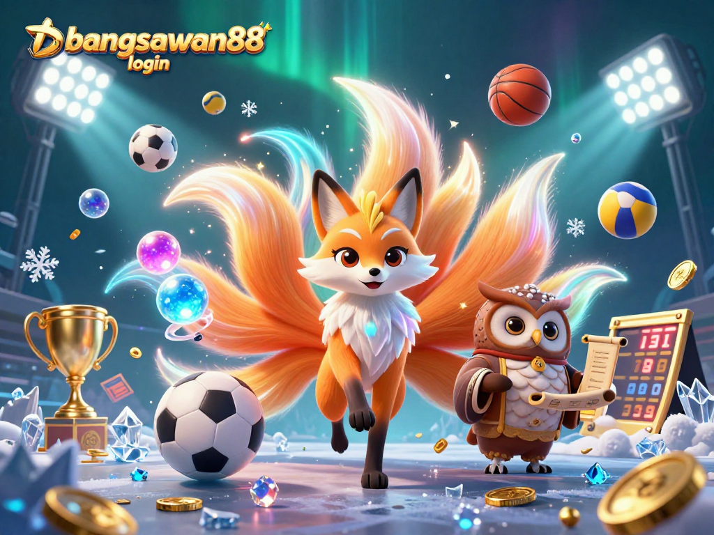 Bangsawan88 login players enjoy vibrant casino action with a mystical fox and owl in a dynamic sports-themed scene.