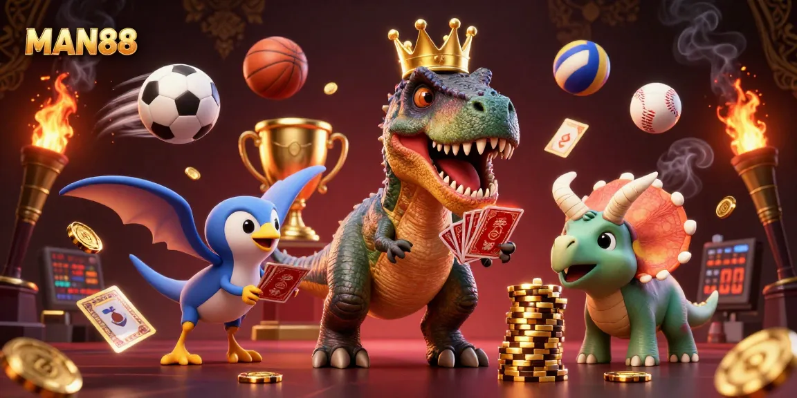 Engage with MAN88's elite gaming scene featuring a playful T-Rex and vibrant sports action.