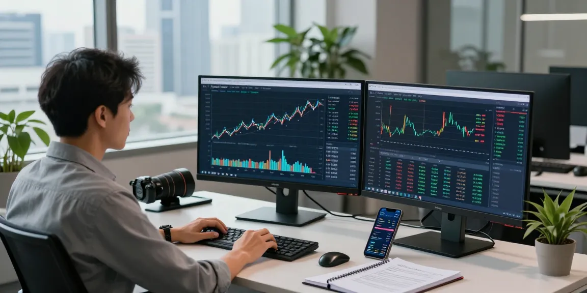 Data analyst showcasing Prediksi 7meter in a modern finance office, with predictive analytics on screens.