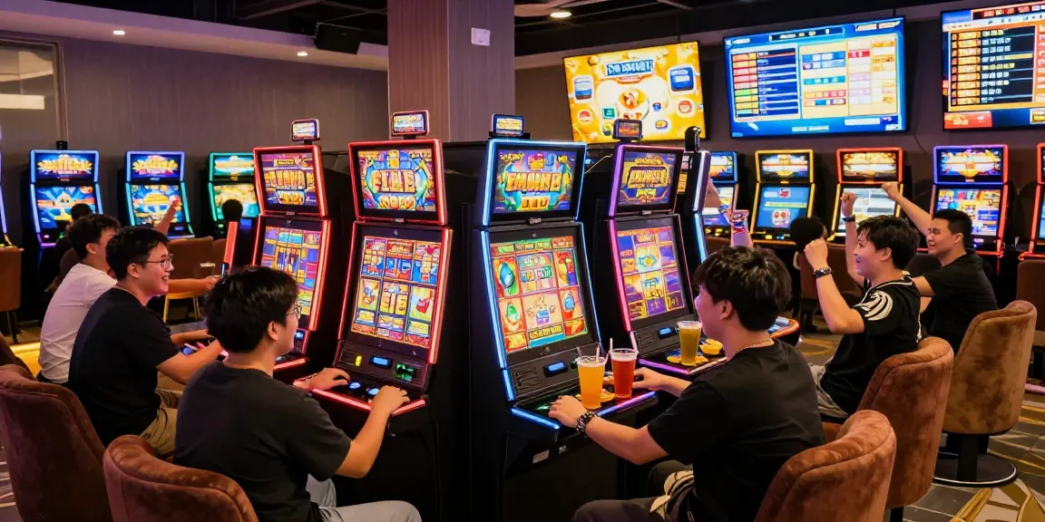 A lively gaming lounge with players enjoying slot jepang machines amid vibrant decor and celebratory atmosphere.