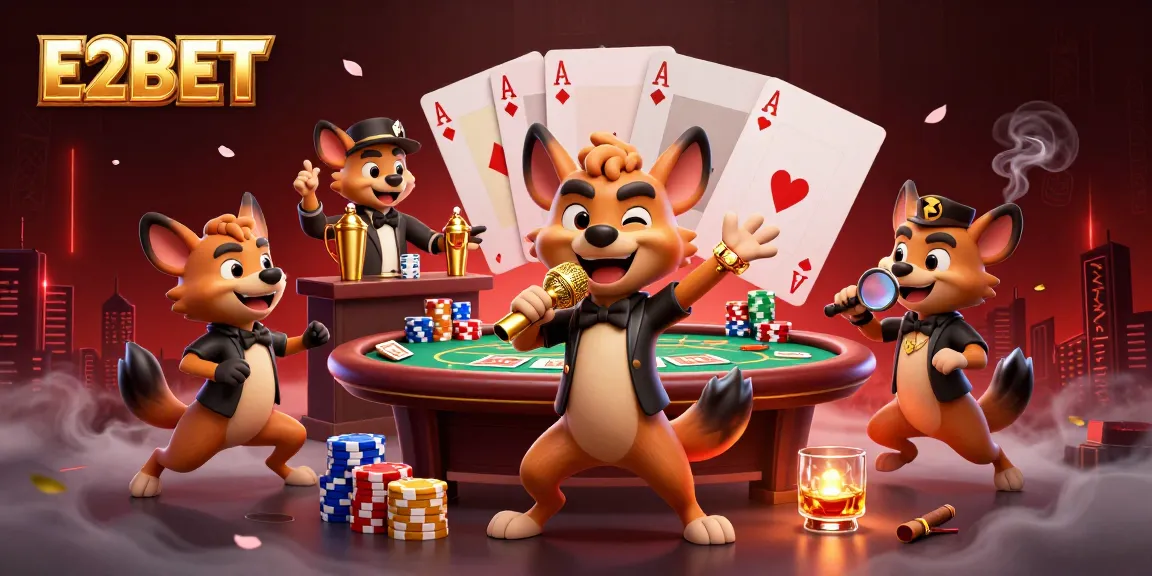 Experience E2BET's energetic casino vibe with hyenas enjoying poker and comedy.