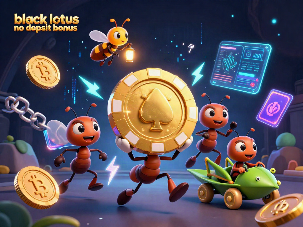 Join the excitement with the black lotus no deposit bonus as playful ants carry a giant poker chip.