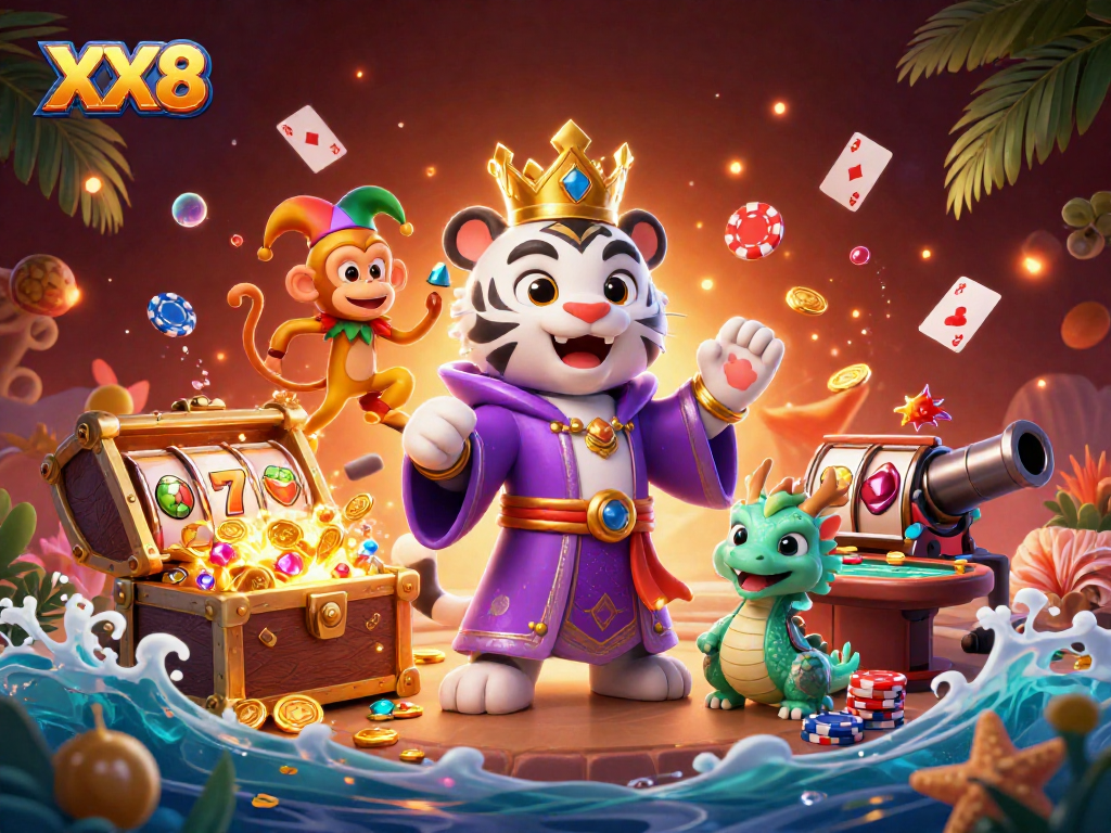 Experience the vibrant energy of XX8 in this dynamic casino illustration featuring playful characters and gaming elements.