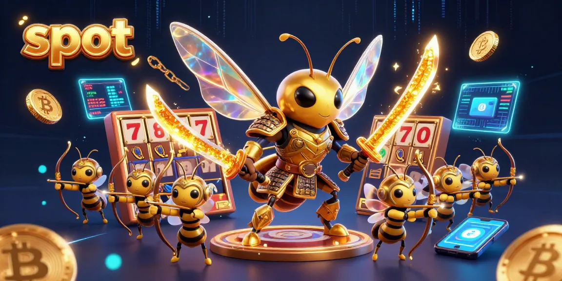 Experience thrilling slot action with a golden hornet warrior and bee archers amid glowing cryptocurrency elements.