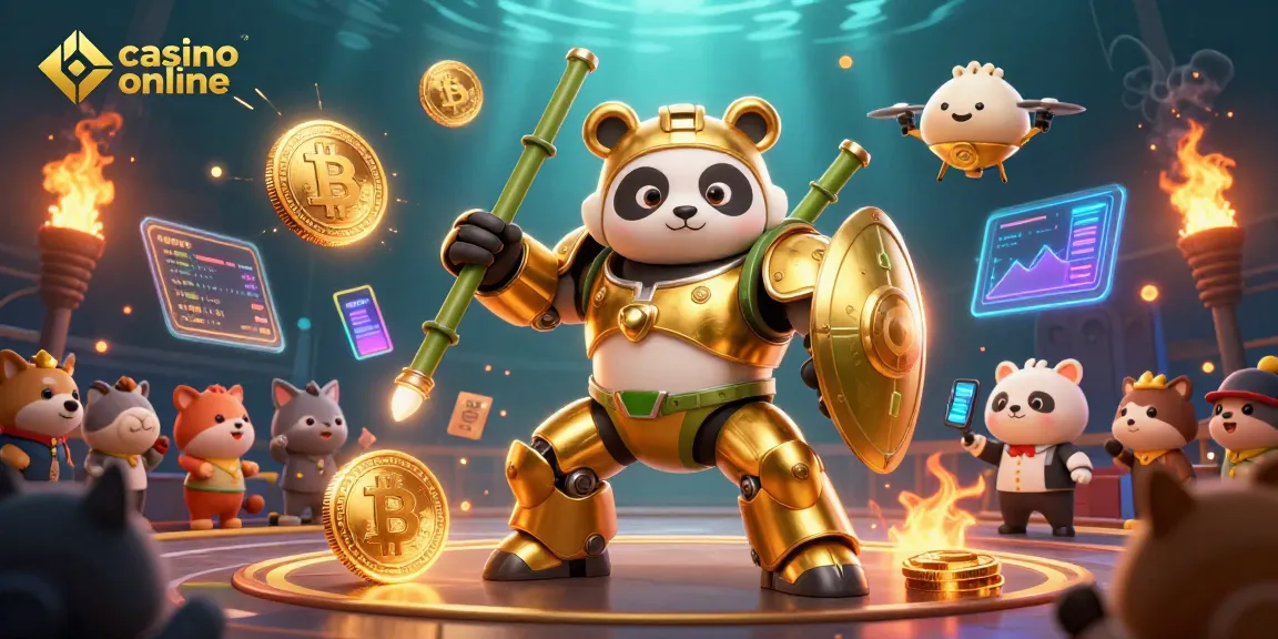 Gioca nel casino online con il panda d'oro e monete crypto in un'arena vivace.