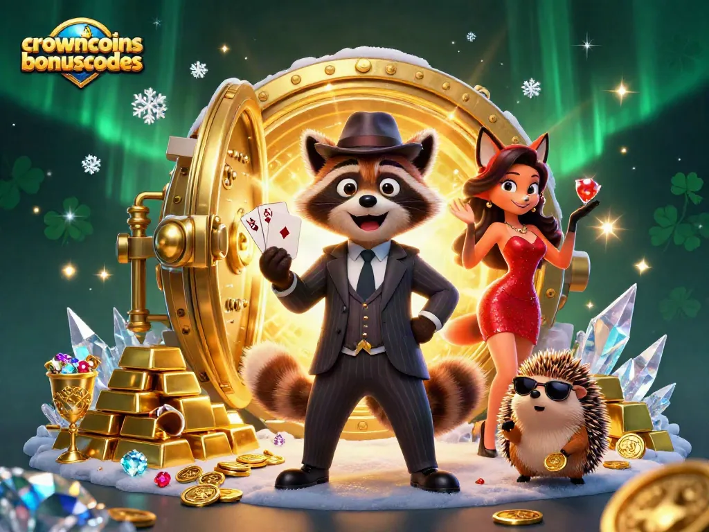 Win big with crowncoinsbonuscodes as raccoon and friends celebrate poker triumphs.