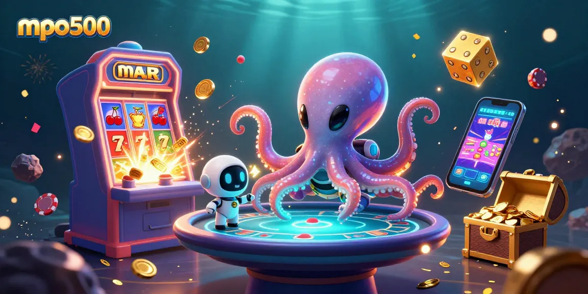 MPO500 showcases a vibrant alien octopus at a holographic poker table, surrounded by jackpot slot elements.