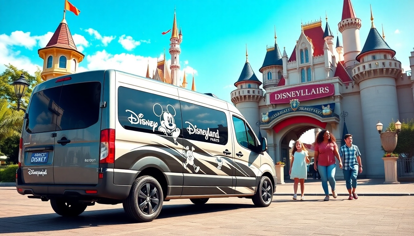 Efficient disney paris airport transfer vehicle ready for guests at Disneyland Paris entrance.