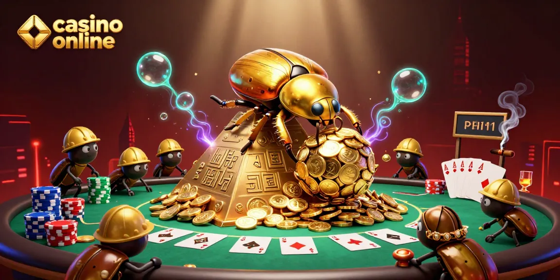 Gioca in casino online con un insetto dorato che rotola monete d'oro, simboli e tavoli da poker