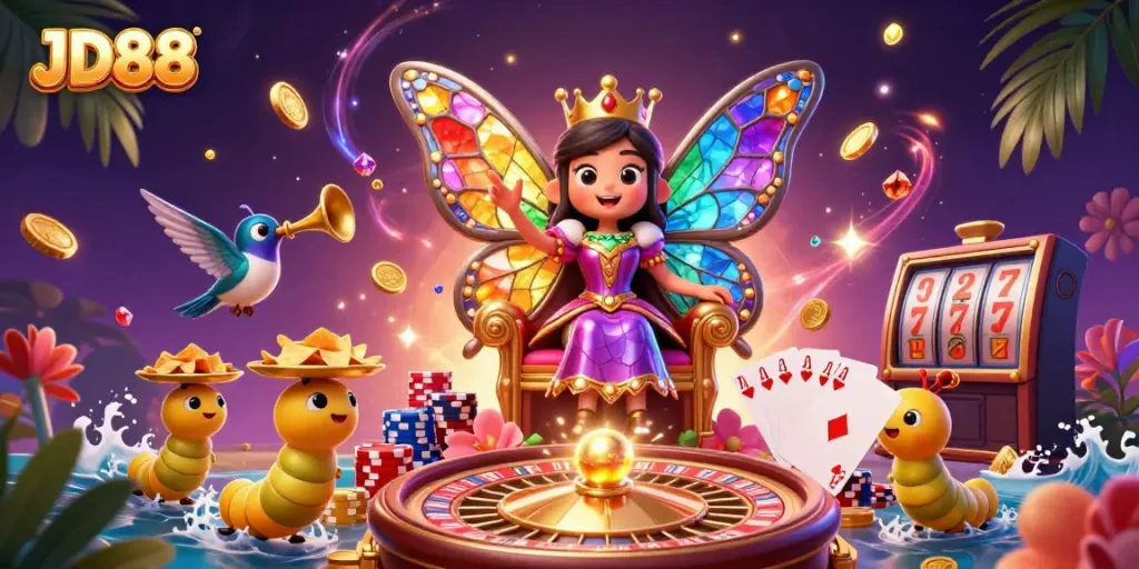 Engage with JD88's vibrant casino scene featuring a butterfly queen surrounded by gaming excitement.