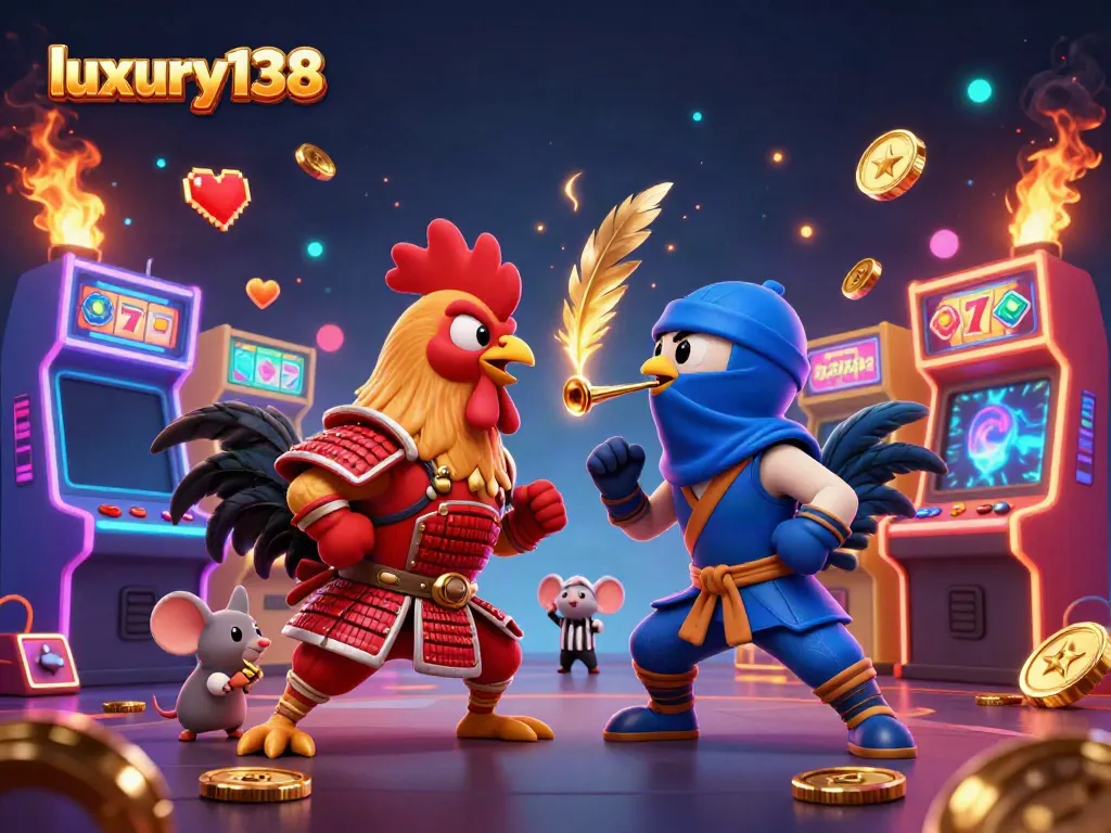 Engage in thrilling gameplay action on luxury138 with vibrant fighting roosters in a dynamic casino scene.