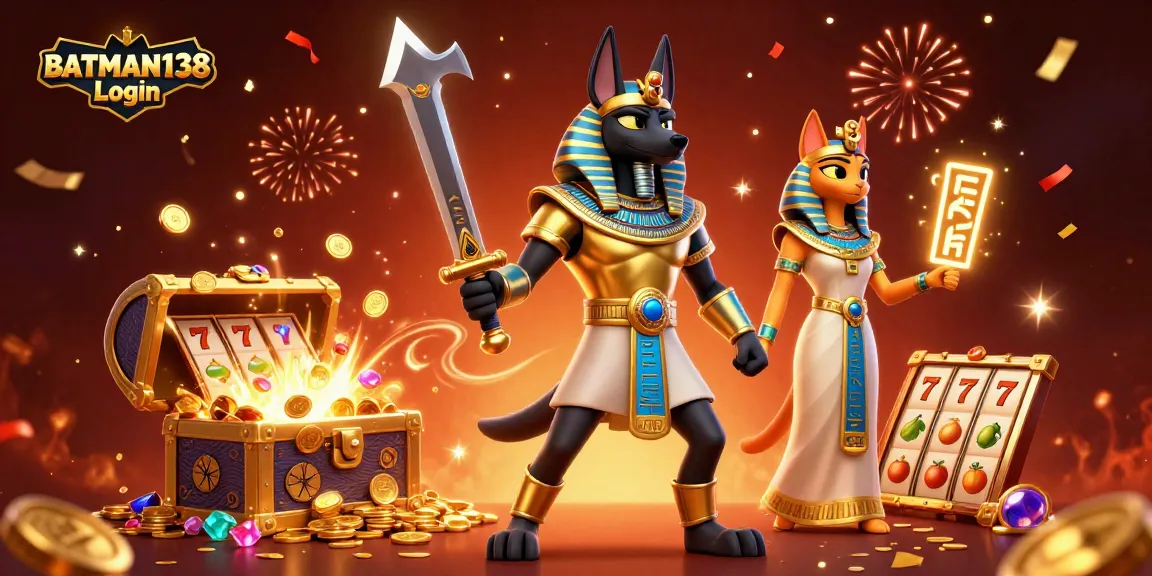 Menangkan pengalaman bertaruh di BATMAN138 Login dengan karakter Anubis dan Bastet dalam ilustrasi 3D serotonin.