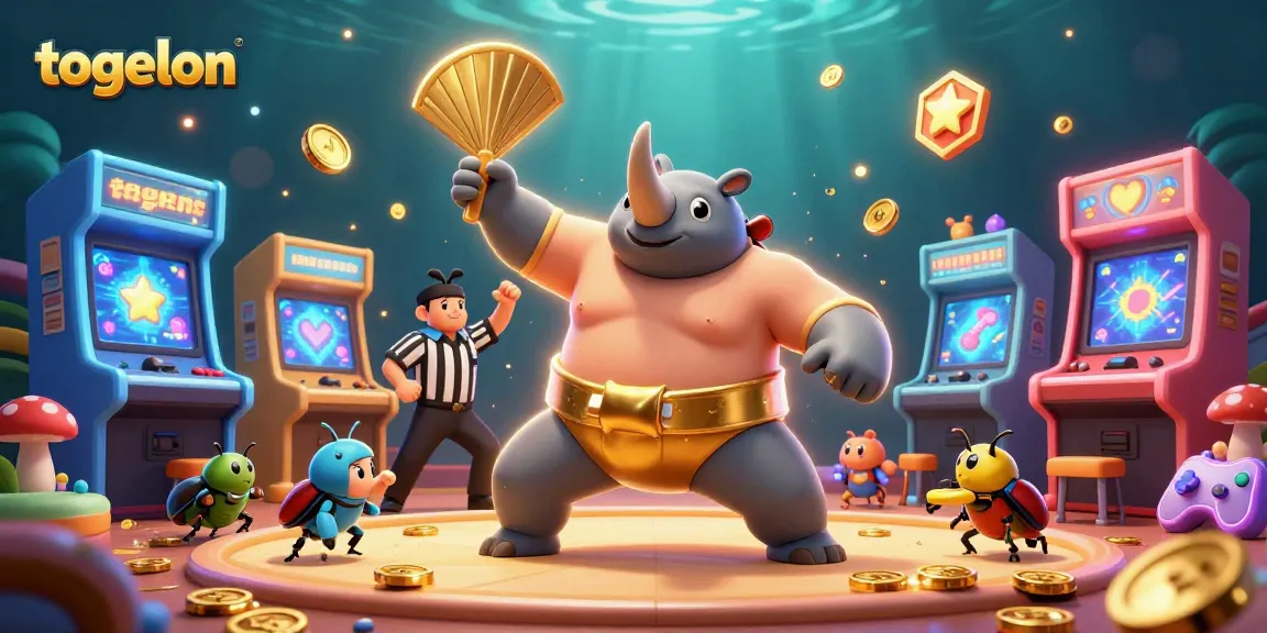 Togelon showcases a spectacular scene with a rhinoceros beetle champion, golden coins flying around, capturing the excitement of online gambling.