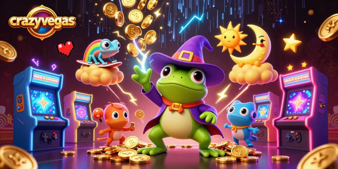 Celebrate winning with crazyvegas as wizard frog conjures coins amid colorful gaming elements.
