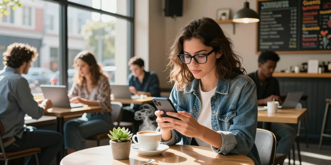 Discover how old do I look with an engaging café scene featuring a young woman using her smartphone while enjoying coffee.