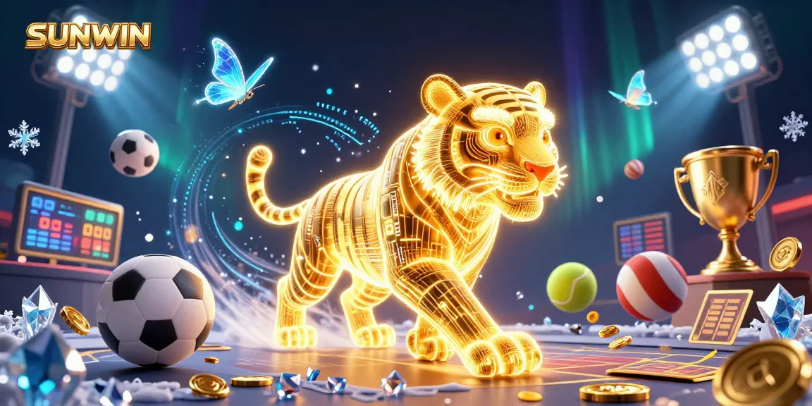 SUNWIN showcases a vibrant 3D casino scene featuring a neon-wireframe tiger amidst dynamic sports elements
