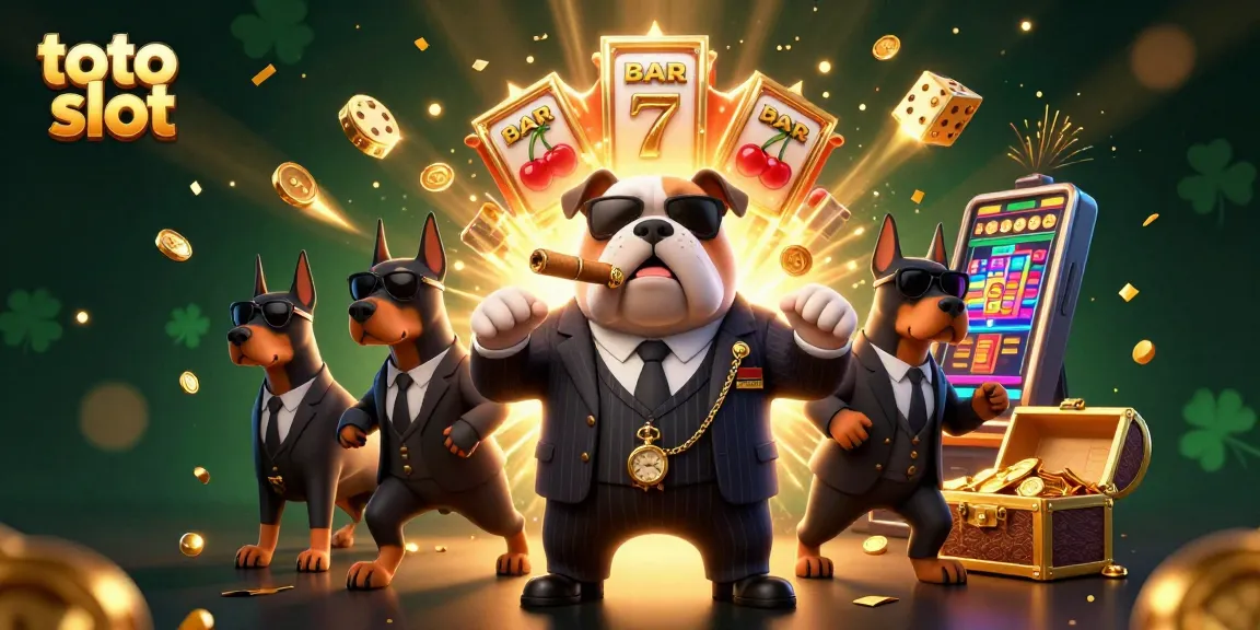 Toto slot themed 3D illustration showcasing a bulldog mafia boss with slot machines, coins, and vibrant gaming elements.