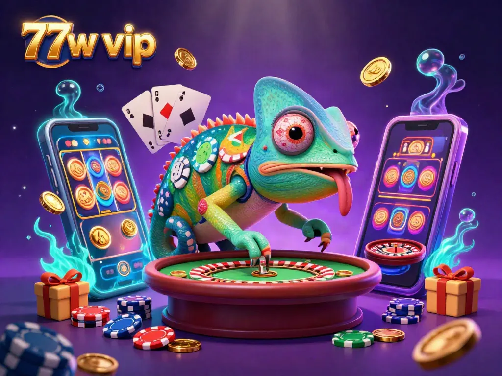 Spin and win at 77w vip, where a colorful chameleon watches the action in a vibrant casino scene.