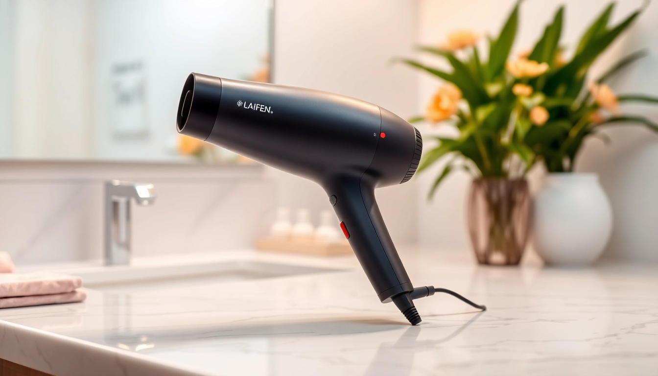 Laifen SE hair dryer displayed elegantly on a bathroom counter highlighting its sleek design.