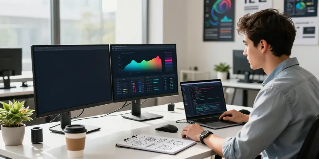 Developer using instant indexing tools in a modern workspace with dual monitors and coding environment.