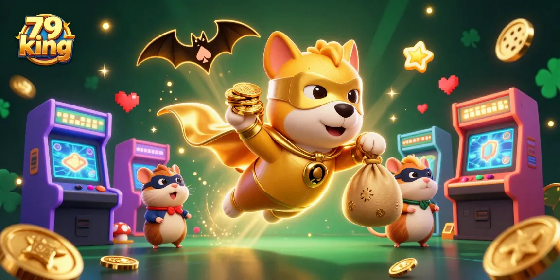 79 king showcases vibrant casino energy with a superhero dog amidst gold coins and gaming elements