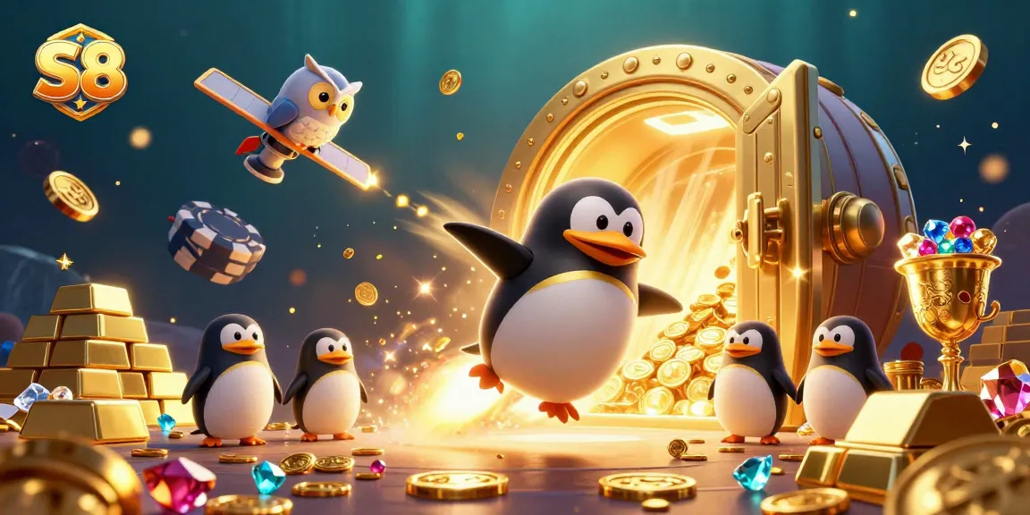 Experience S8's exciting adventure with a golden penguin navigating a casino space station.