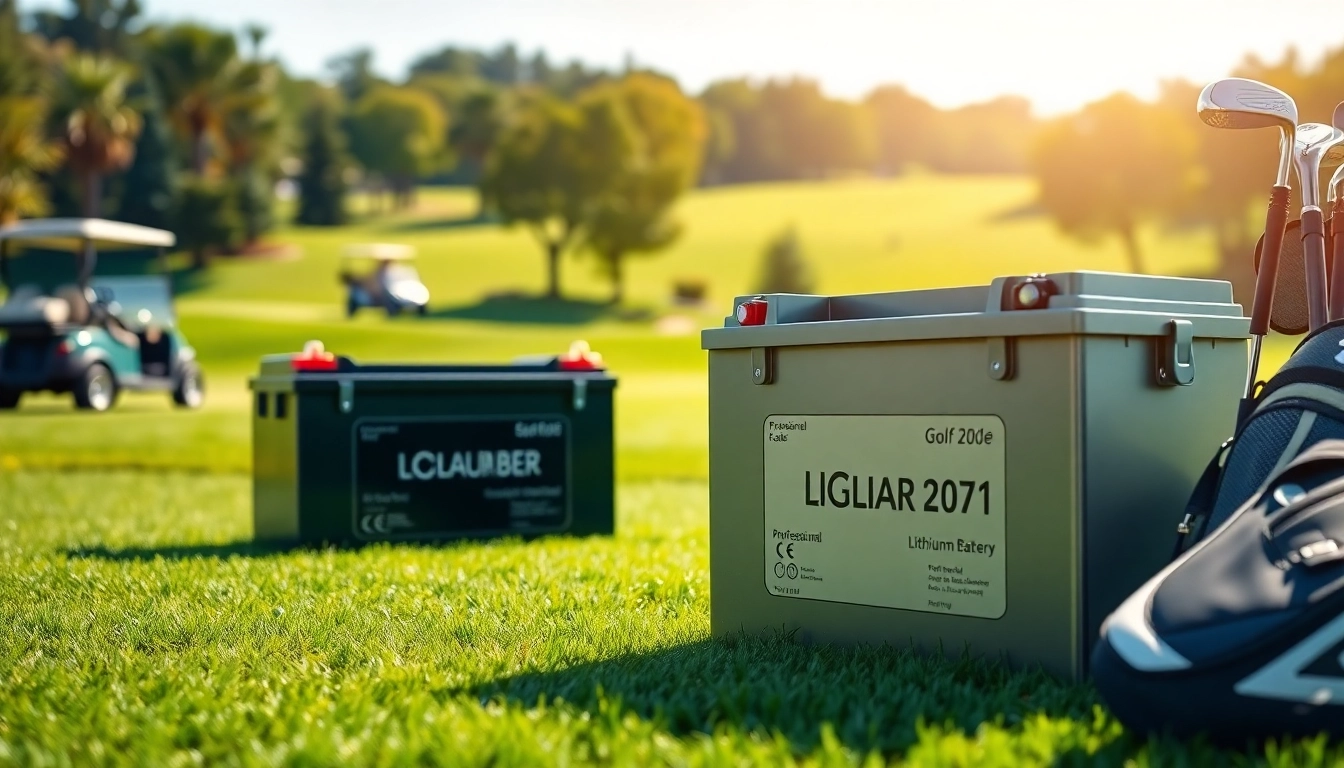 Showcase of lithium golf cart batteries in a vibrant golf course setting for optimal performance.