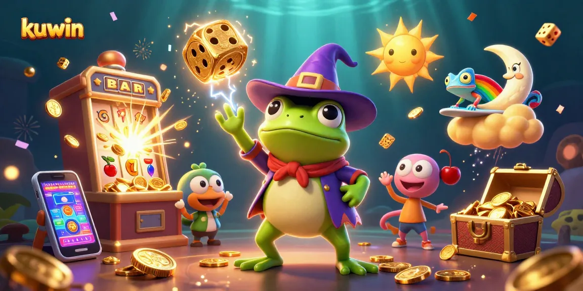 kuwin casino magic scene with frog and chameleon unleashing winning coins and jackpots