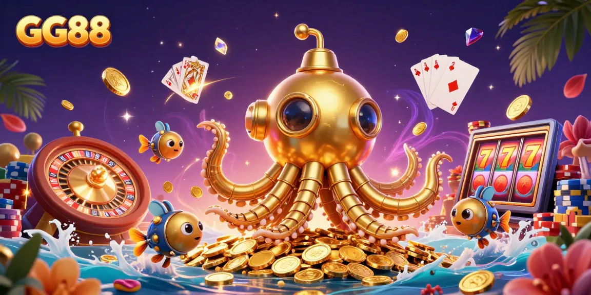 Experience exciting gameplay at GG88 with a dynamic scene of a golden kraken surrounded by coins and gambling elements.