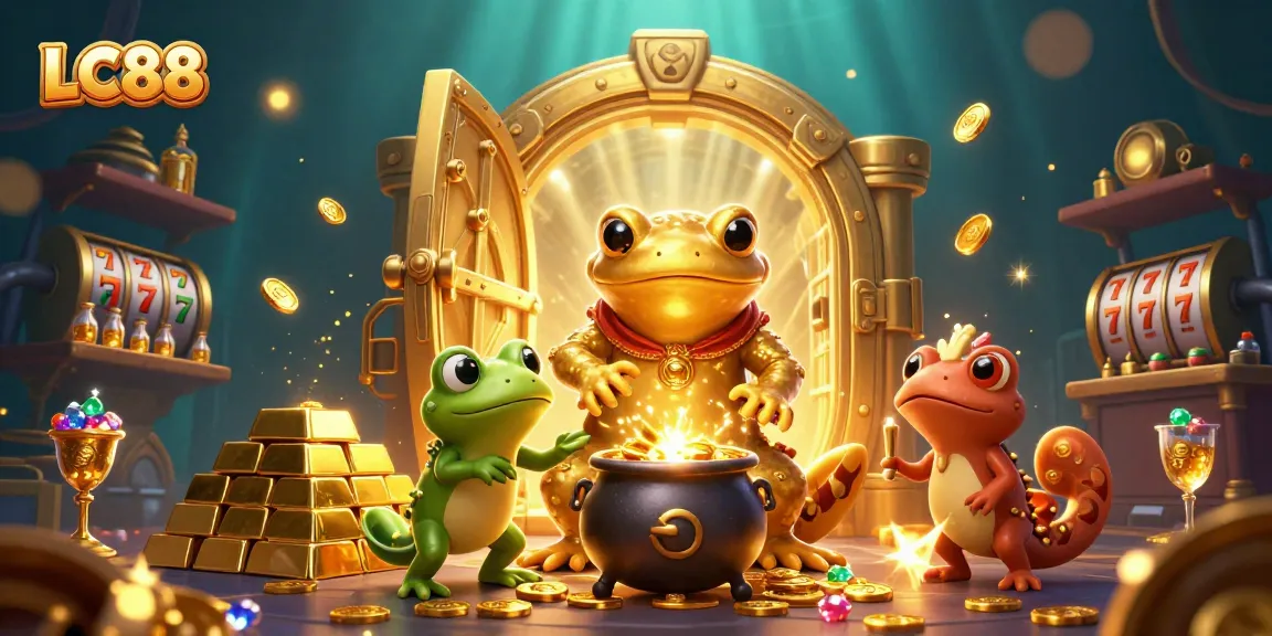 Experience the magic of LC88 as golden treasures and vibrant casino elements burst into life.