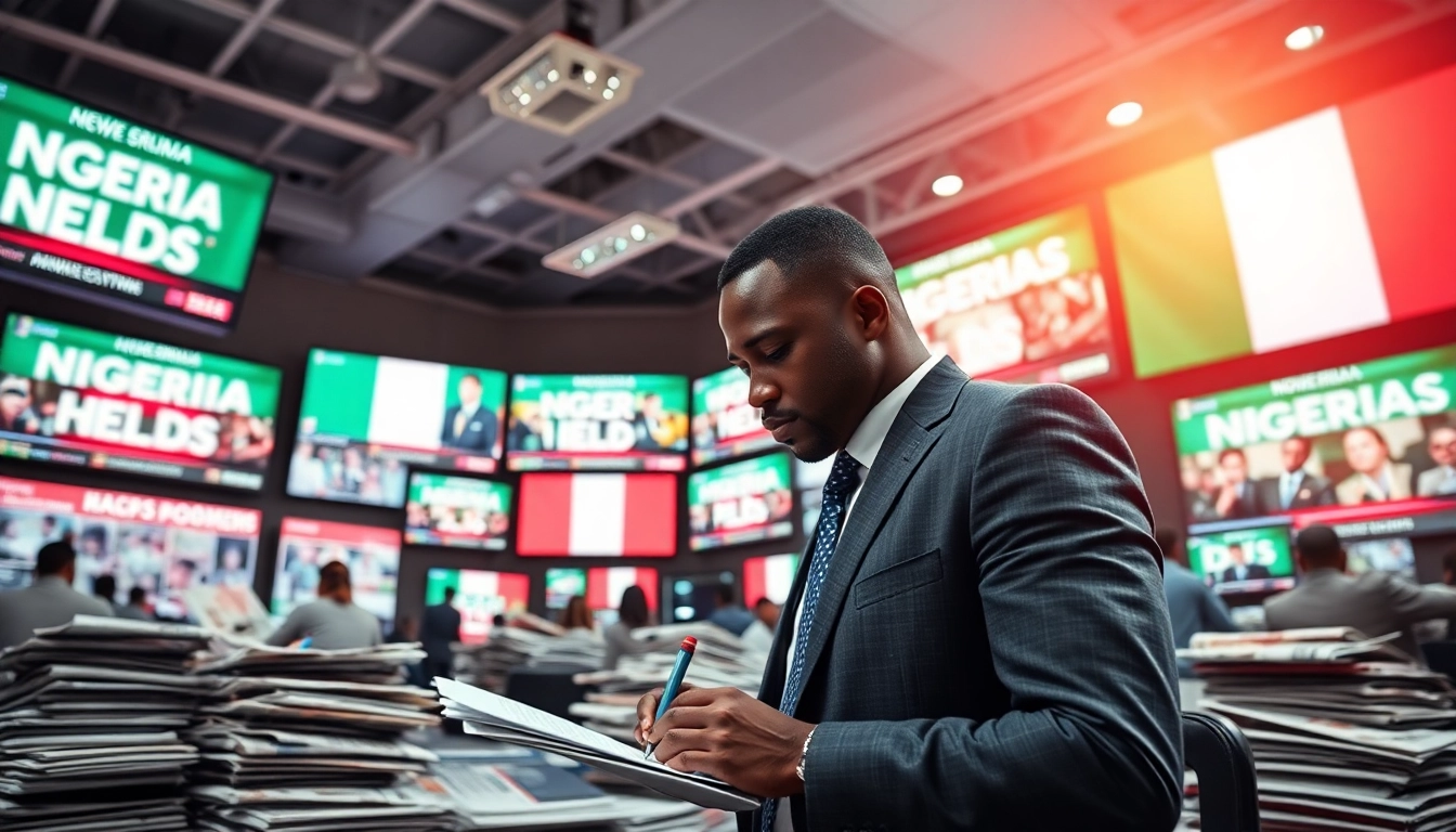 Analyze recent Nigerian Newspaper Headlines with a professional journalist in a vibrant newsroom.