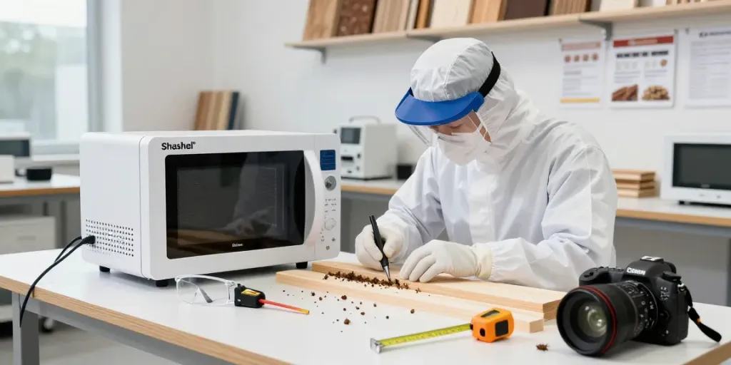 SHASHEL® microwave technology in action eliminating wood pests in a modern workshop.