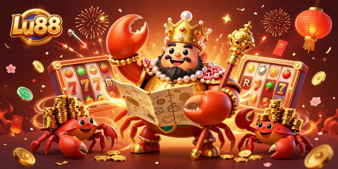 Lu88 casino illustration featuring a golden crab emperor with treasure and vibrant slot elements.