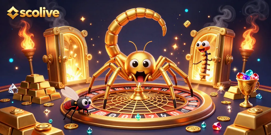 Socolive presents a vibrant scene of a golden spider betting at a roulette wheel crafted from its web, enchanting gamblers with rich visuals.